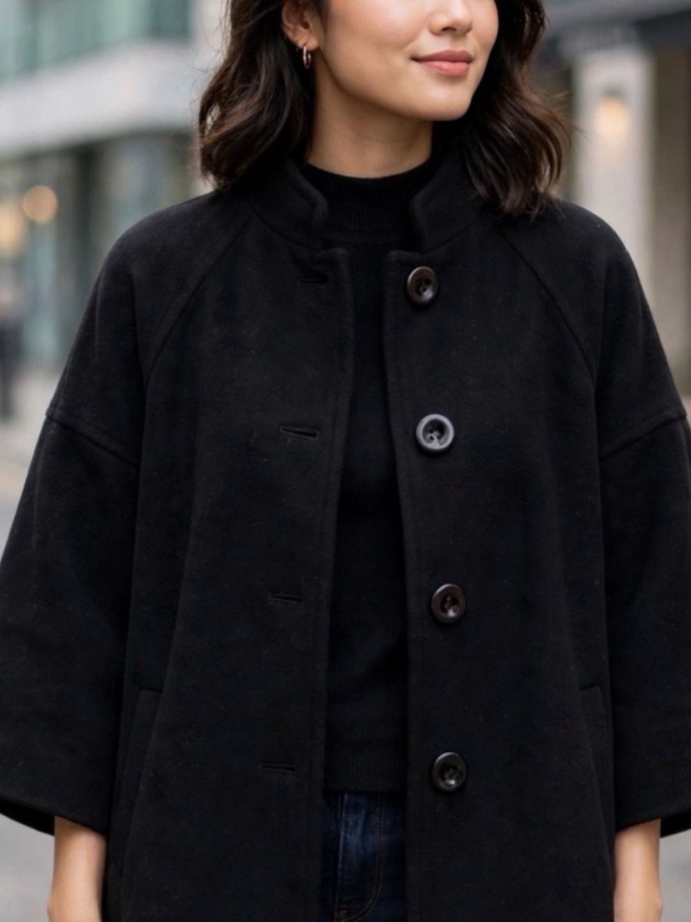 Black Women's Button-Front Coat Chanel Pouch